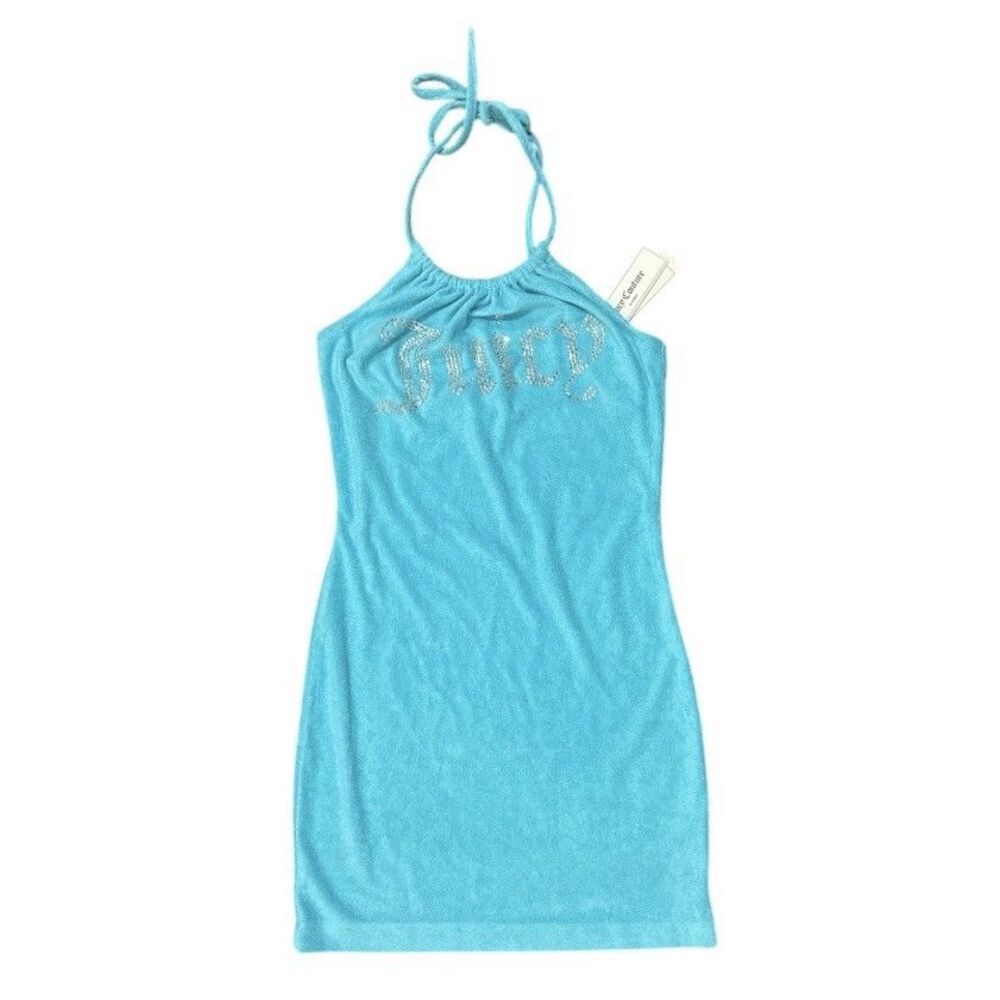 Juicy Couture Terry Cloth Halter Dress Blue Logo Sz M Rhinestone Bling Y2k NWT